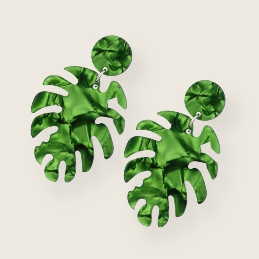 Tropical Monstera Leaf “Mila” Bohemian Palm Tree Green Acrylic Summer Earrings